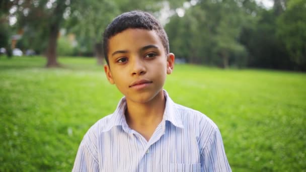 Gros plan d'un garçon en chemise rayée souriant dans un parc d'été — Video