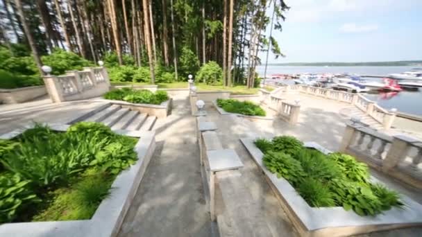 Pines, Stairs, motor boats are moored at pier on sunny day — Stock Video