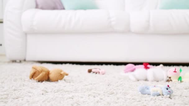 Knitted soft toys lie on thick fluffy white carpet next to sofa — Stock Video