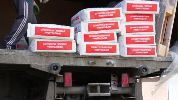 Dos cargadores descargan camión con sacos de mortero seco Knauf . — Vídeos de Stock