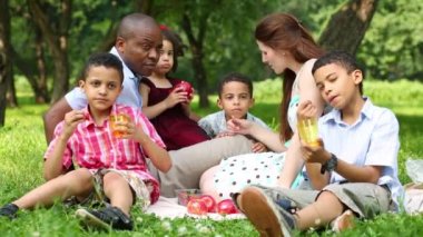 Altı kişilik bir piknik yaz Park'ta dinlenme mutlu aile