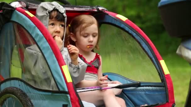 Dos niños comen papas fritas, sentados en el remolque . — Vídeos de Stock