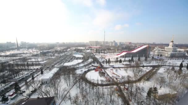 Aerial view on construction of sports ramp on Exhibition Center — Stock Video