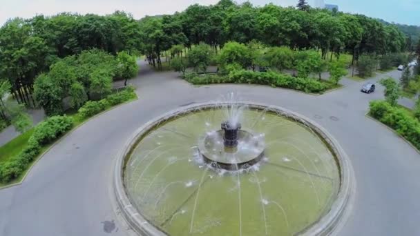 Coches paseo cerca de la fuente en el parque de la ciudad en el día de verano. Vista aérea — Vídeo de stock