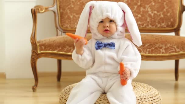 Niño en traje blanco de conejo se sienta y sostiene la zanahoria — Vídeo de stock
