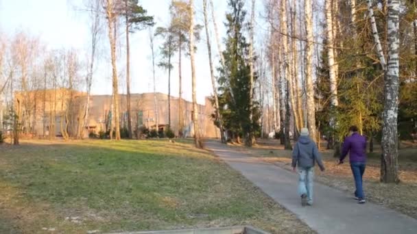 Två personer promenad i park med höga träd i vår i Europa — Stockvideo