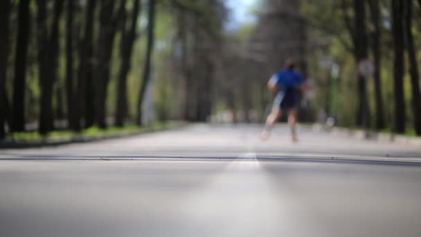 Πίσω από τον άνθρωπο με πατίνια με μπαστούνια του σκι στο καλοκαιρινό πάρκο. — Αρχείο Βίντεο