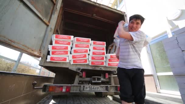 Two loaders unload truck with bags of dry mortar Knauf. — Stock Video