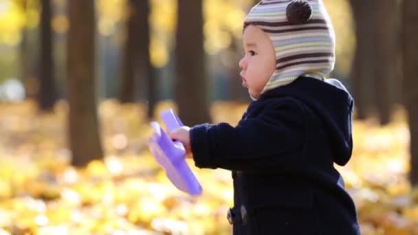 Niño parado sobre un follaje amarillo — Vídeos de Stock