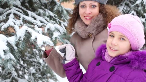 Mujer y niña cerca del árbol — Vídeos de Stock