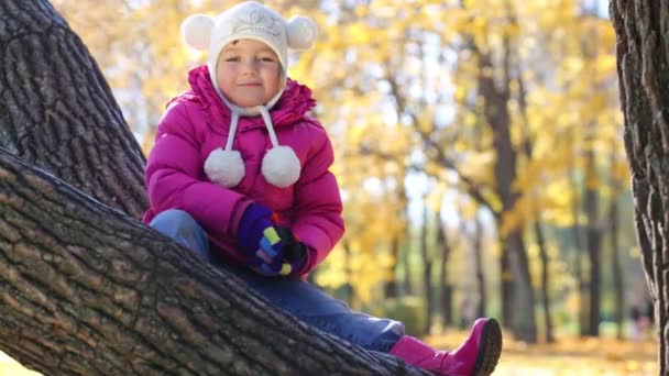 Маленькая девочка в розовом сидит на дереве — стоковое видео