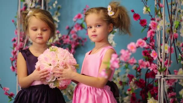 Дві маленькі дівчата в сукнях — стокове відео