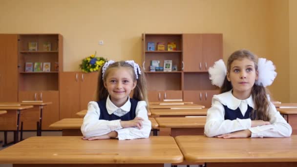 Duas meninas sentam-se na mesa da escola — Vídeo de Stock