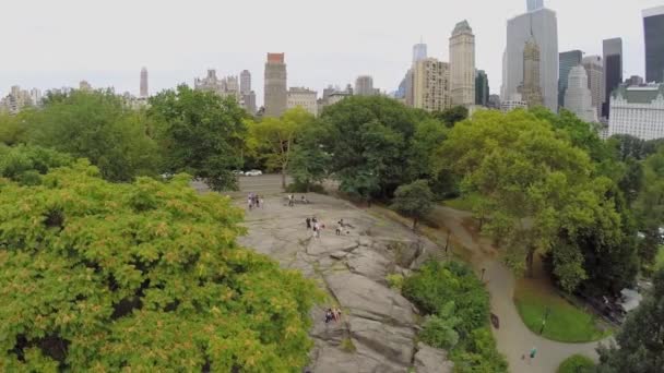 Cityscape people in Central Park near skyscrapers — Stock Video