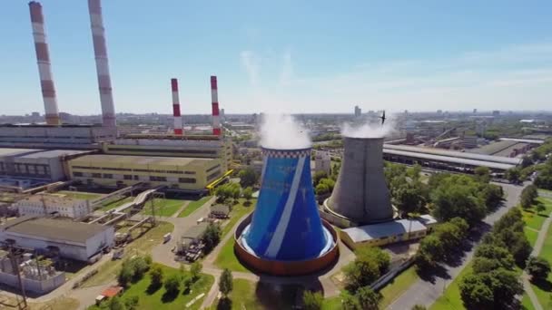 Las aves vuelan sobre la estación eléctrica — Vídeo de stock