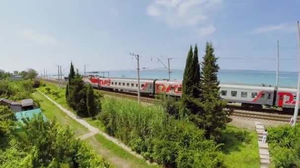 Treno della società RZD corse vicino al mare — Video Stock