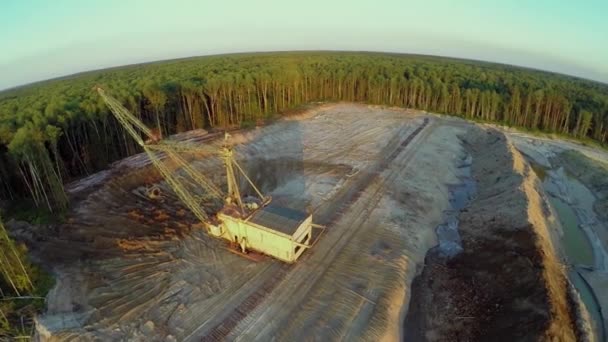 Grävmaskin slevar sand nära skog — Stockvideo