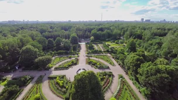 Park mit Rosarium und Megapolis am Horizont — Stockvideo