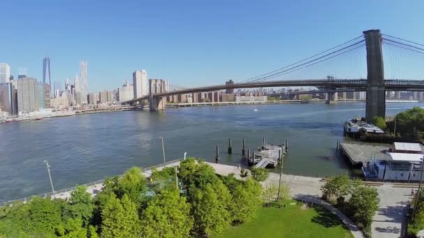 Paisaje urbano con rascacielos de Manhattan y puente de Brooklyn — Vídeo de stock