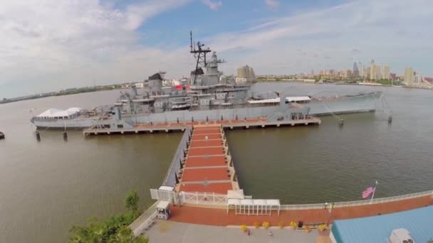 Moorage with museum battleship — Stock Video