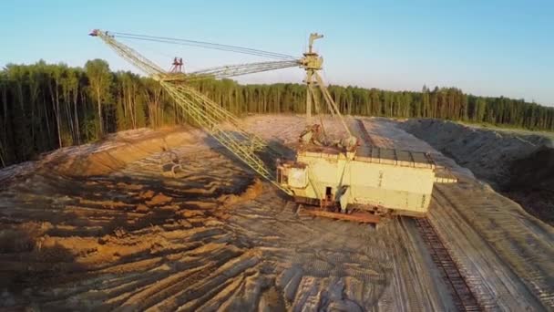 Grävmaskin slevar sand nära skog — Stockvideo