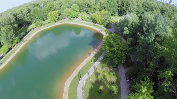 Les gens marchent près du quai de l'étang — Video