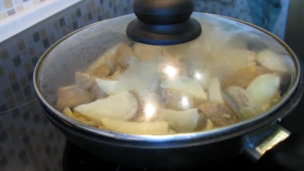 Frying potatoes in pan — Stock Video