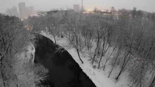 Chute de neige dans le parc avec la rivière Jauza — Video