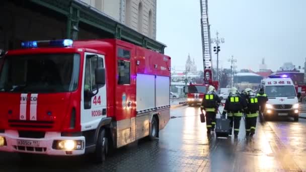 Brandweerlieden wandelingen tussen geparkeerde auto 's — Stockvideo