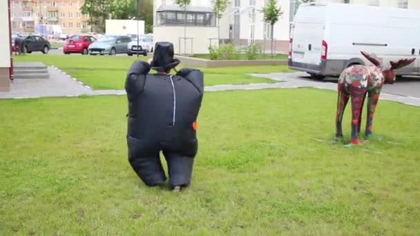 Девушка в надувном костюме бегает по траве — стоковое видео