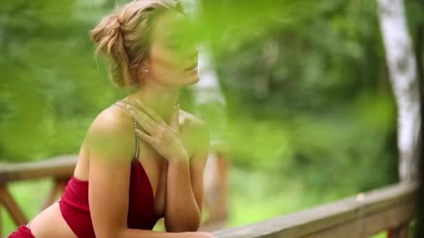 Jeune fille se tient sur le pont au parc — Video