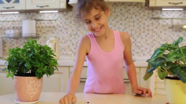 Meisje veegt vuil op tafel in de keuken — Stockvideo