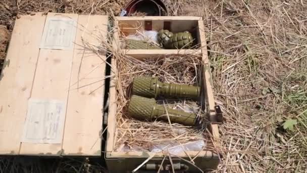 Grenades are in a wooden box on the ground — Stock Video