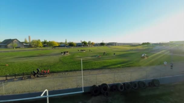 Футбольные ворота возле травяного поля со спортсменами — стоковое видео