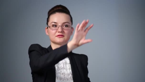 Woman clicks on invisible touch screen — Stock Video