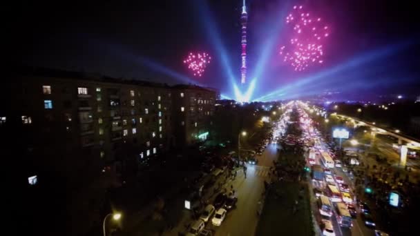 Fireworks near Ostankinskaya TV tower — Stock Video