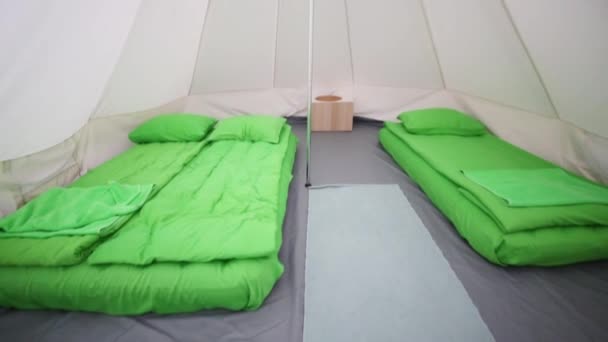 Interior of tent with sleeping bags — Stock Video