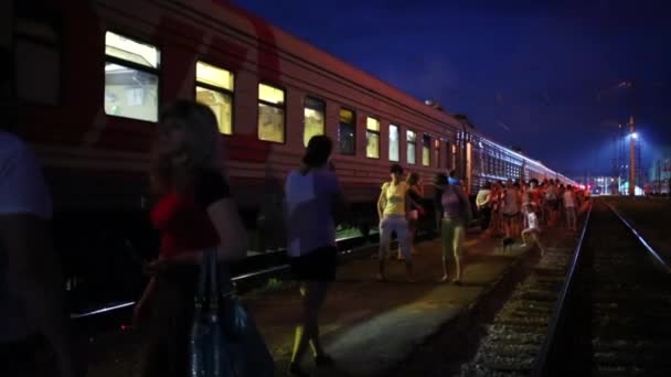 Passengers walks alongside train — Stock Video