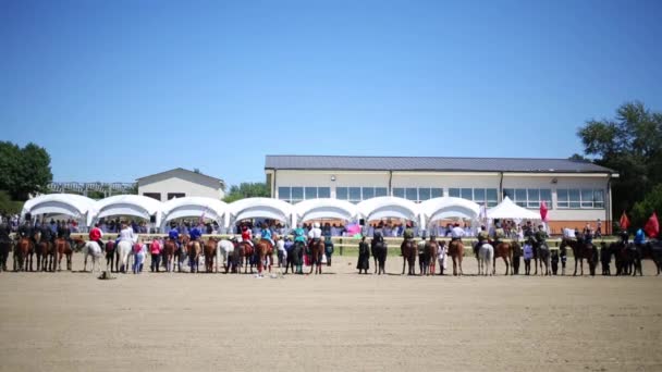 Riders lined up in arena — Stock Video