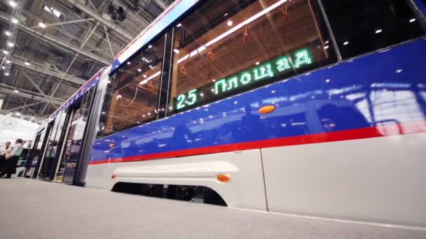 New tram at Exhibition of city transport — Stock Video