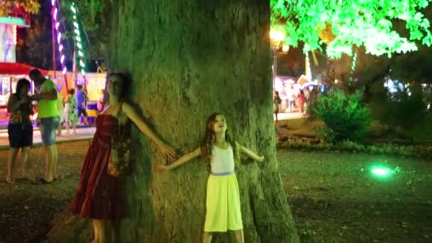 Yalta Crimea Ukraine Aug 2013 Άνθρωποι Κοντά Δέντρο Φωτισμό Νύχτα — Αρχείο Βίντεο