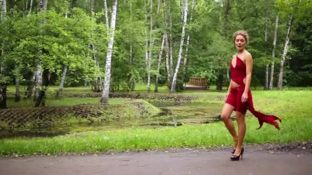 Kırmızı takım elbise giymiş genç kız — Stok video