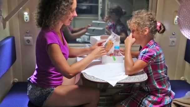 Mother and daughter sit in train — Stock Video