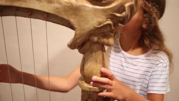 Menina muito encaracolado tocar harpa — Vídeo de Stock