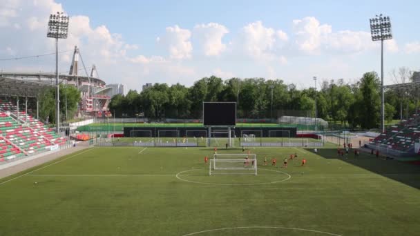 Equipos juegan al fútbol en el campo verde — Vídeos de Stock