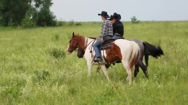 Cowboys em cavalos passeio lentamente — Vídeo de Stock