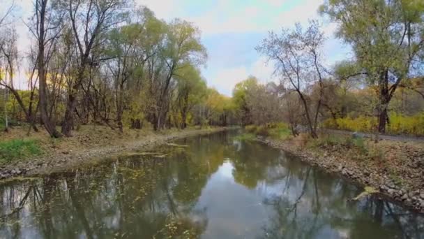 Yauza river ström med döda löv — Stockvideo