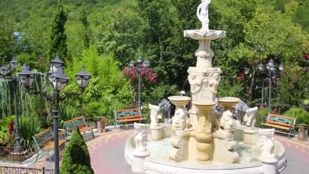 Fountain in garden and mountains — Stock Video