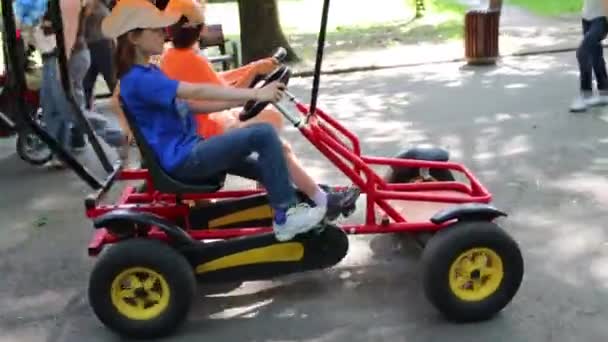 Chica y niño paseos en coche en el parque — Vídeos de Stock