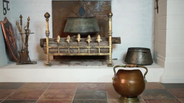 Medieval fireplace with hanging metal pot and logs — Stock Video